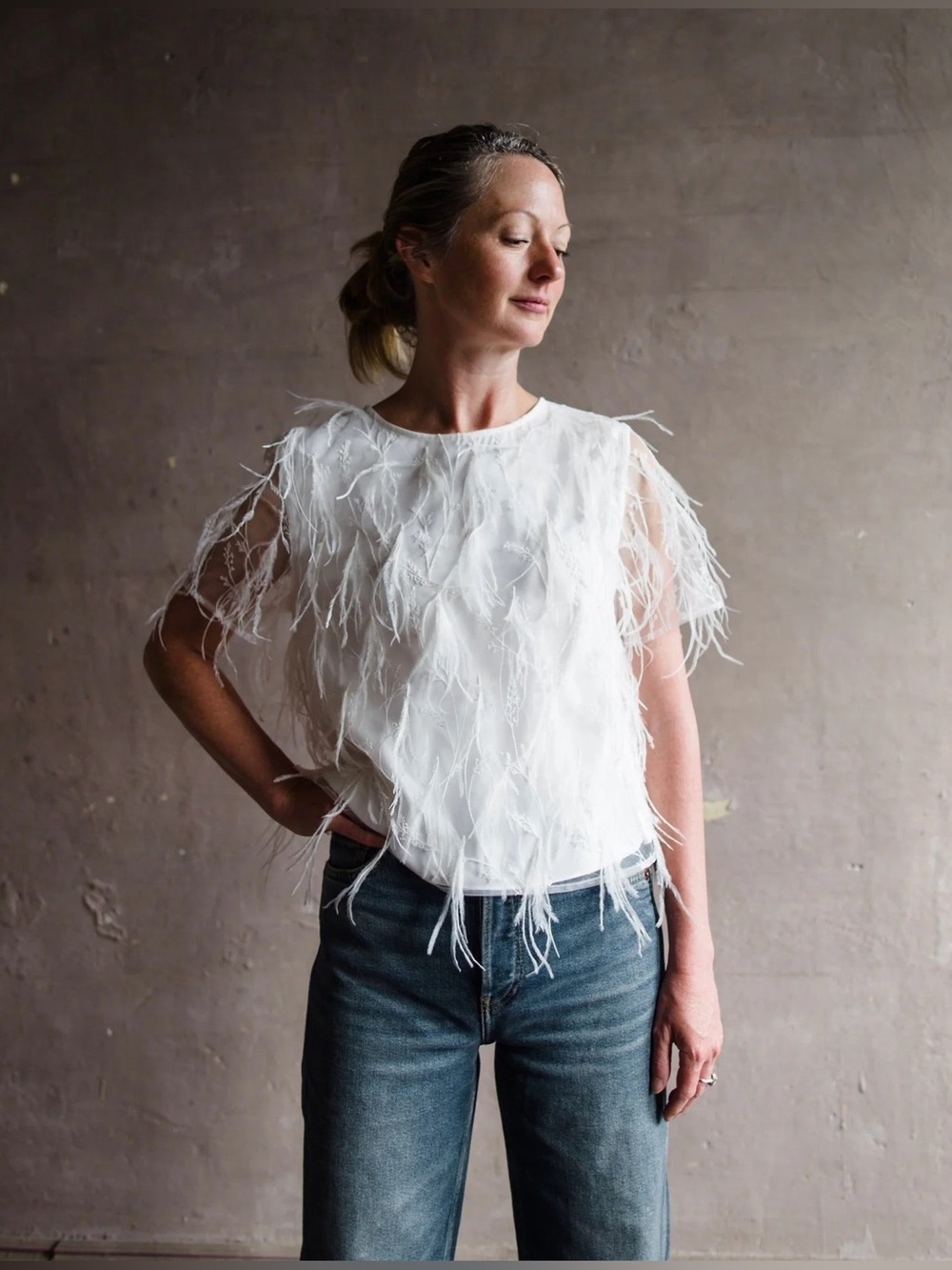 Milly Ivory Feather & Embroidered Cocktail Top Size S